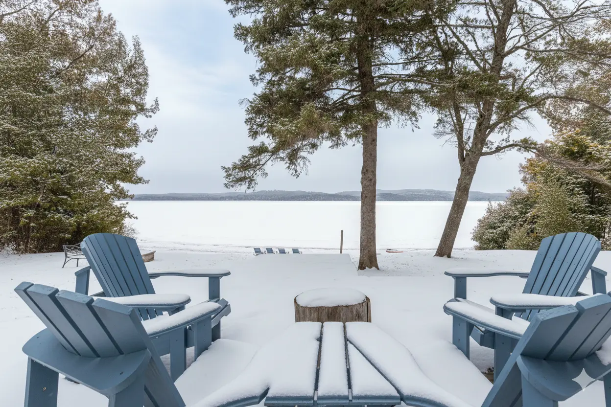 Salon à plafond cathédrale avec poêle à bois et terrasse au Chalet Beach House